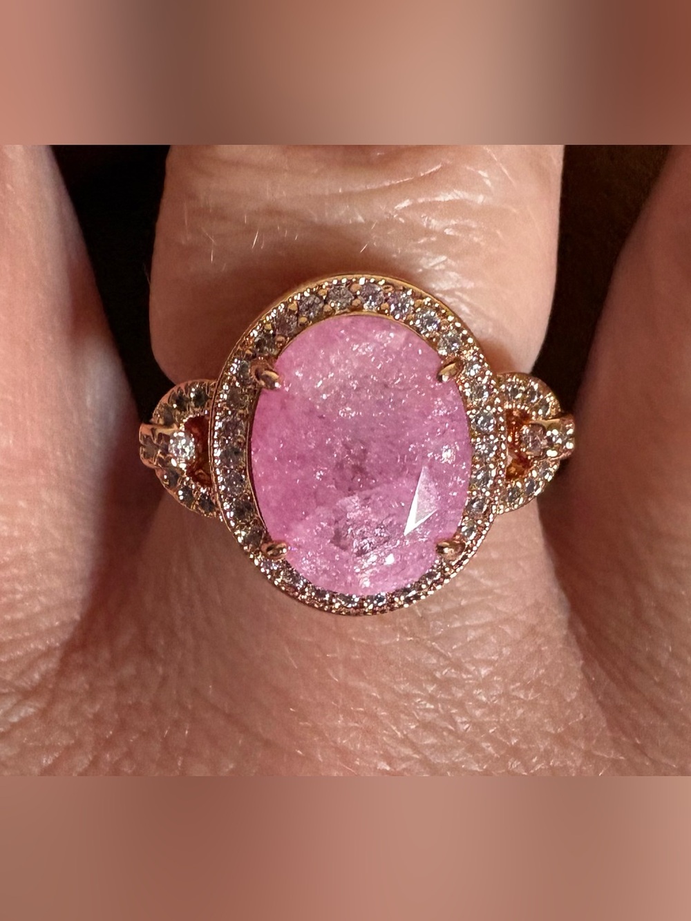 Pink Oval Gemstone Halo Ring - size 8